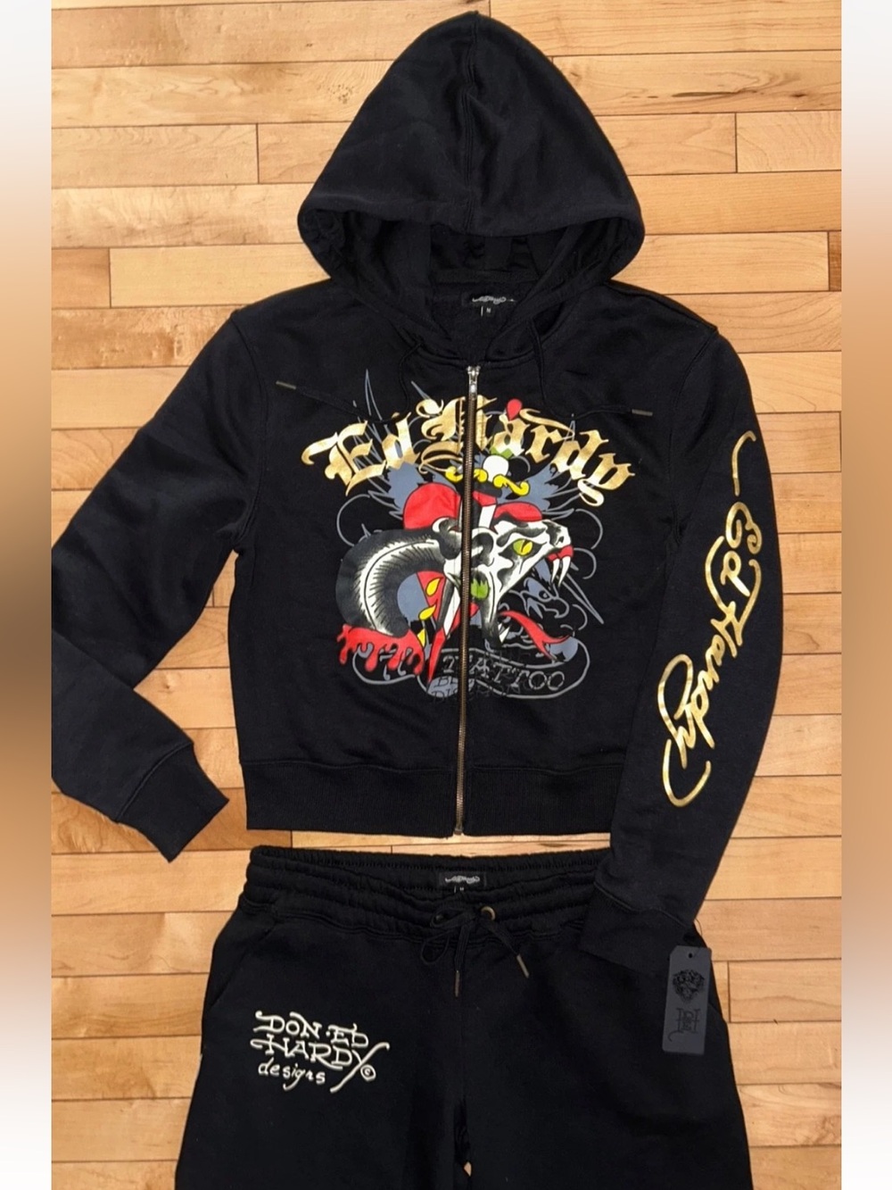 NEW! ED HARDY Y2K Tattoo Logo Hoodie & Pant Tracksuit Set Black Size M